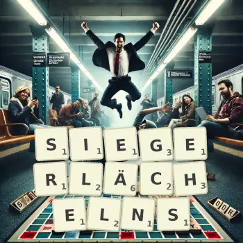 Kreative Illustration für ein Scrabble-Spiel, bei dem das Wort SIEGERLÄCHELNS mit Steinen auf dem Brett gelegt wurde.