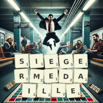 Kreative Illustration für ein Scrabble-Spiel, bei dem das Wort SIEGERMEDAILLE mit Steinen auf dem Brett gelegt wurde.