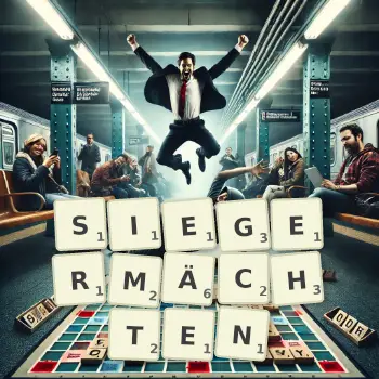 Kreative Illustration für ein Scrabble-Spiel, bei dem das Wort SIEGERMÄCHTEN mit Steinen auf dem Brett gelegt wurde.