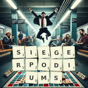 Kreative Illustration für ein Scrabble-Spiel, bei dem das Wort SIEGERPODIUMS mit Steinen auf dem Brett gelegt wurde.