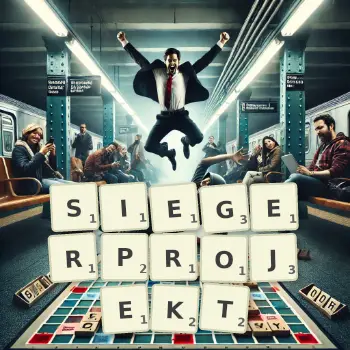 Kreative Illustration für ein Scrabble-Spiel, bei dem das Wort SIEGERPROJEKT mit Steinen auf dem Brett gelegt wurde.