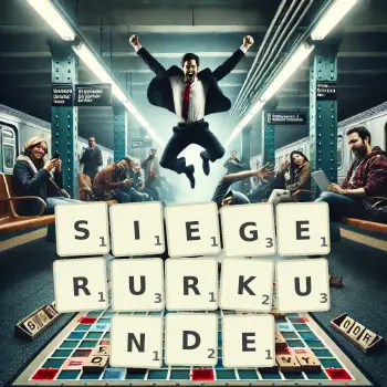 Kreative Illustration für ein Scrabble-Spiel, bei dem das Wort SIEGERURKUNDE mit Steinen auf dem Brett gelegt wurde.