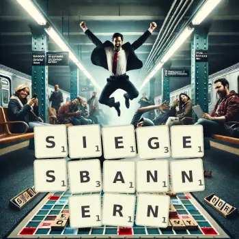 Kreative Illustration für ein Scrabble-Spiel, bei dem das Wort SIEGESBANNERN mit Steinen auf dem Brett gelegt wurde.