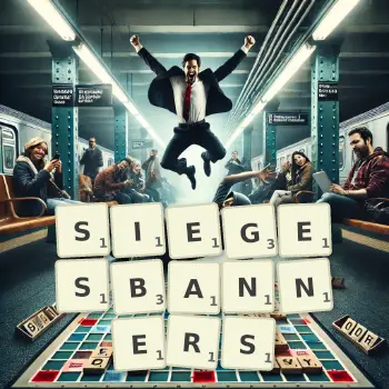 Kreative Illustration für ein Scrabble-Spiel, bei dem das Wort SIEGESBANNERS mit Steinen auf dem Brett gelegt wurde.