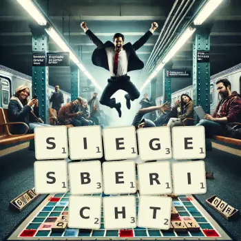 Kreative Illustration für ein Scrabble-Spiel, bei dem das Wort SIEGESBERICHT mit Steinen auf dem Brett gelegt wurde.