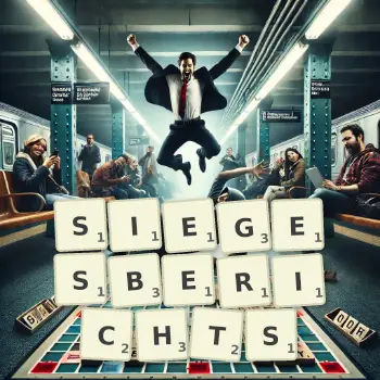 Kreative Illustration für ein Scrabble-Spiel, bei dem das Wort SIEGESBERICHTS mit Steinen auf dem Brett gelegt wurde.