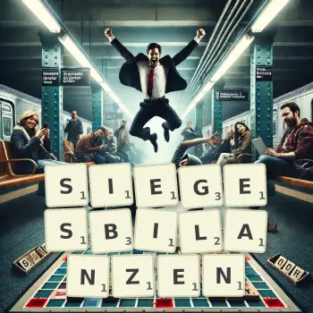Kreative Illustration für ein Scrabble-Spiel, bei dem das Wort SIEGESBILANZEN mit Steinen auf dem Brett gelegt wurde.