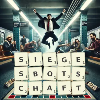 Kreative Illustration für ein Scrabble-Spiel, bei dem das Wort SIEGESBOTSCHAFT mit Steinen auf dem Brett gelegt wurde.