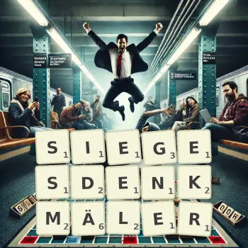 Kreative Illustration für ein Scrabble-Spiel, bei dem das Wort SIEGESDENKMÄLER mit Steinen auf dem Brett gelegt wurde.