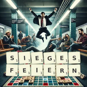 Kreative Illustration für ein Scrabble-Spiel, bei dem das Wort SIEGESFEIERN mit Steinen auf dem Brett gelegt wurde.