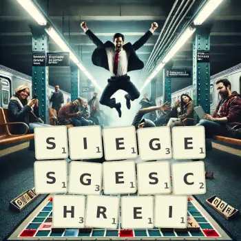 Kreative Illustration für ein Scrabble-Spiel, bei dem das Wort SIEGESGESCHREI mit Steinen auf dem Brett gelegt wurde.