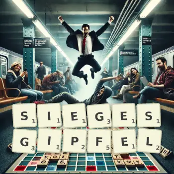 Kreative Illustration für ein Scrabble-Spiel, bei dem das Wort SIEGESGIPFEL mit Steinen auf dem Brett gelegt wurde.