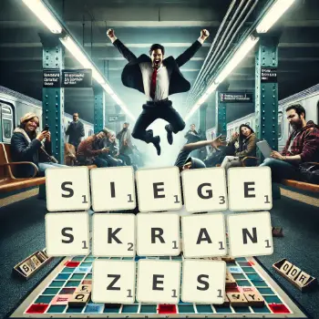 Kreative Illustration für ein Scrabble-Spiel, bei dem das Wort SIEGESKRANZES mit Steinen auf dem Brett gelegt wurde.