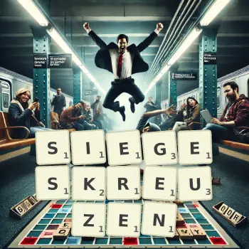 Kreative Illustration für ein Scrabble-Spiel, bei dem das Wort SIEGESKREUZEN mit Steinen auf dem Brett gelegt wurde.