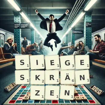 Kreative Illustration für ein Scrabble-Spiel, bei dem das Wort SIEGESKRÄNZEN mit Steinen auf dem Brett gelegt wurde.