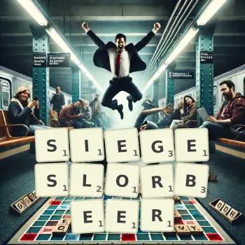 Kreative Illustration für ein Scrabble-Spiel, bei dem das Wort SIEGESLORBEER mit Steinen auf dem Brett gelegt wurde.