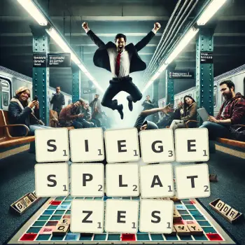 Kreative Illustration für ein Scrabble-Spiel, bei dem das Wort SIEGESPLATZES mit Steinen auf dem Brett gelegt wurde.