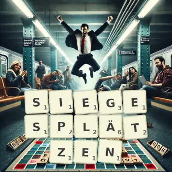 Kreative Illustration für ein Scrabble-Spiel, bei dem das Wort SIEGESPLÄTZEN mit Steinen auf dem Brett gelegt wurde.