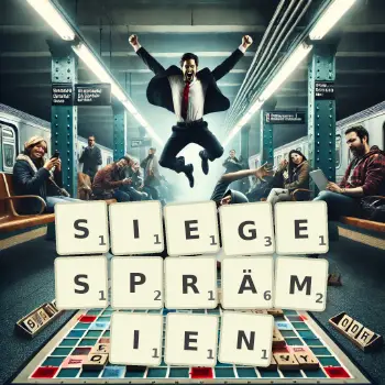 Kreative Illustration für ein Scrabble-Spiel, bei dem das Wort SIEGESPRÄMIEN mit Steinen auf dem Brett gelegt wurde.