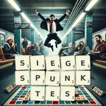 Kreative Illustration für ein Scrabble-Spiel, bei dem das Wort SIEGESPUNKTES mit Steinen auf dem Brett gelegt wurde.