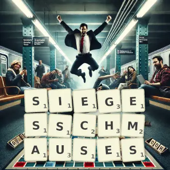 Kreative Illustration für ein Scrabble-Spiel, bei dem das Wort SIEGESSCHMAUSES mit Steinen auf dem Brett gelegt wurde.