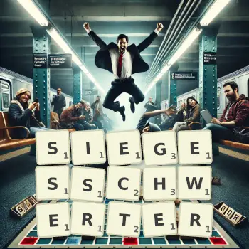 Kreative Illustration für ein Scrabble-Spiel, bei dem das Wort SIEGESSCHWERTER mit Steinen auf dem Brett gelegt wurde.