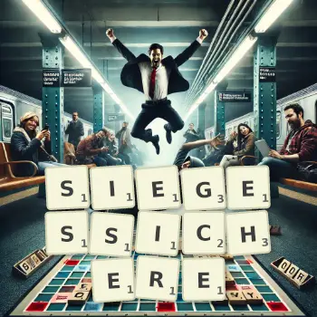 Kreative Illustration für ein Scrabble-Spiel, bei dem das Wort SIEGESSICHERE mit Steinen auf dem Brett gelegt wurde.