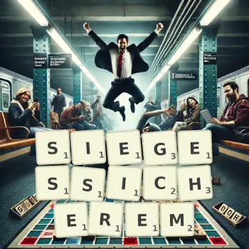 Kreative Illustration für ein Scrabble-Spiel, bei dem das Wort SIEGESSICHEREM mit Steinen auf dem Brett gelegt wurde.