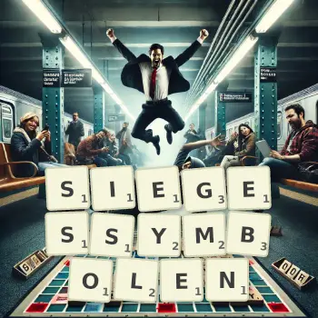 Kreative Illustration für ein Scrabble-Spiel, bei dem das Wort SIEGESSYMBOLEN mit Steinen auf dem Brett gelegt wurde.