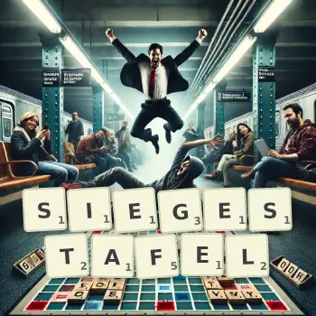 Kreative Illustration für ein Scrabble-Spiel, bei dem das Wort SIEGESTAFEL mit Steinen auf dem Brett gelegt wurde.