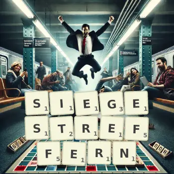 Kreative Illustration für ein Scrabble-Spiel, bei dem das Wort SIEGESTREFFERN mit Steinen auf dem Brett gelegt wurde.