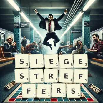 Kreative Illustration für ein Scrabble-Spiel, bei dem das Wort SIEGESTREFFERS mit Steinen auf dem Brett gelegt wurde.