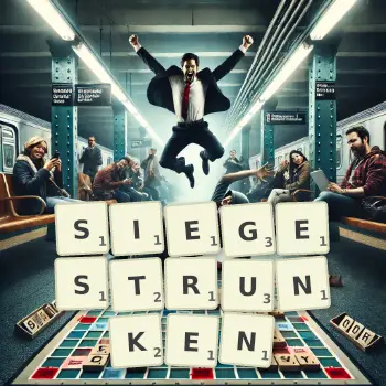 Kreative Illustration für ein Scrabble-Spiel, bei dem das Wort SIEGESTRUNKEN mit Steinen auf dem Brett gelegt wurde.