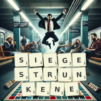 Kreative Illustration für ein Scrabble-Spiel, bei dem das Wort SIEGESTRUNKENE mit Steinen auf dem Brett gelegt wurde.