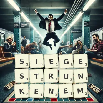 Kreative Illustration für ein Scrabble-Spiel, bei dem das Wort SIEGESTRUNKENEM mit Steinen auf dem Brett gelegt wurde.