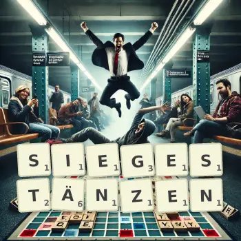 Kreative Illustration für ein Scrabble-Spiel, bei dem das Wort SIEGESTÄNZEN mit Steinen auf dem Brett gelegt wurde.
