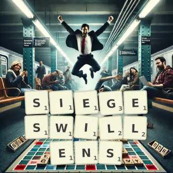 Kreative Illustration für ein Scrabble-Spiel, bei dem das Wort SIEGESWILLENS mit Steinen auf dem Brett gelegt wurde.