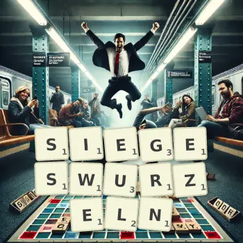 Kreative Illustration für ein Scrabble-Spiel, bei dem das Wort SIEGESWURZELN mit Steinen auf dem Brett gelegt wurde.