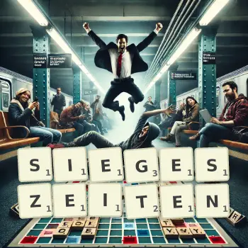 Kreative Illustration für ein Scrabble-Spiel, bei dem das Wort SIEGESZEITEN mit Steinen auf dem Brett gelegt wurde.