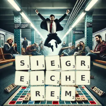 Kreative Illustration für ein Scrabble-Spiel, bei dem das Wort SIEGREICHEREM mit Steinen auf dem Brett gelegt wurde.