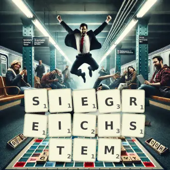 Kreative Illustration für ein Scrabble-Spiel, bei dem das Wort SIEGREICHSTEM mit Steinen auf dem Brett gelegt wurde.