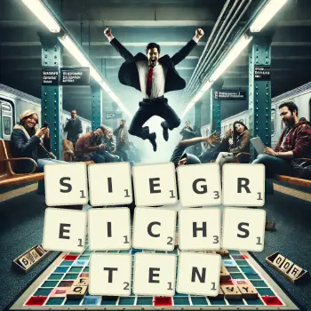 Kreative Illustration für ein Scrabble-Spiel, bei dem das Wort SIEGREICHSTEN mit Steinen auf dem Brett gelegt wurde.