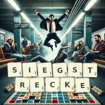 Kreative Illustration für ein Scrabble-Spiel, bei dem das Wort SIEGSTRECKE mit Steinen auf dem Brett gelegt wurde.