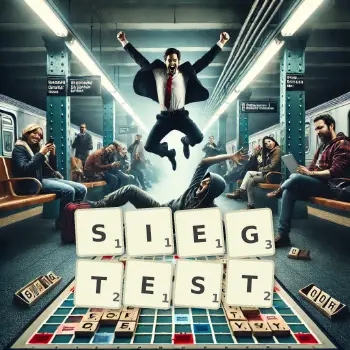 Kreative Illustration für ein Scrabble-Spiel, bei dem das Wort SIEGTEST mit Steinen auf dem Brett gelegt wurde.