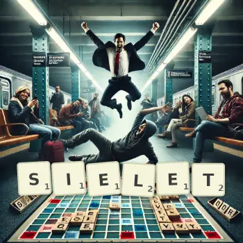 Kreative Illustration für ein Scrabble-Spiel, bei dem das Wort SIELET mit Steinen auf dem Brett gelegt wurde.