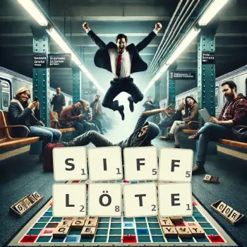 Kreative Illustration für ein Scrabble-Spiel, bei dem das Wort SIFFLÖTE mit Steinen auf dem Brett gelegt wurde.