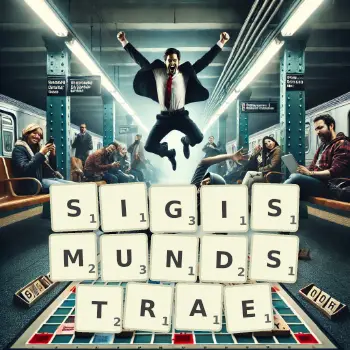 Kreative Illustration für ein Scrabble-Spiel, bei dem das Wort SIGISMUNDSTRAE mit Steinen auf dem Brett gelegt wurde.