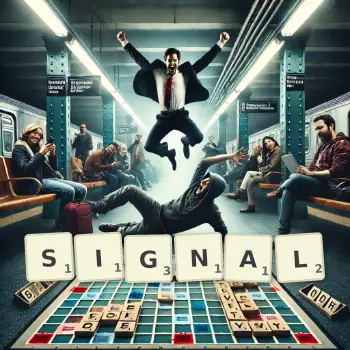Kreative Illustration für ein Scrabble-Spiel, bei dem das Wort SIGNAL mit Steinen auf dem Brett gelegt wurde.