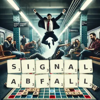 Kreative Illustration für ein Scrabble-Spiel, bei dem das Wort SIGNALABFALL mit Steinen auf dem Brett gelegt wurde.