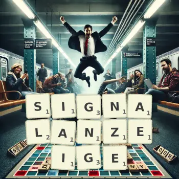 Kreative Illustration für ein Scrabble-Spiel, bei dem das Wort SIGNALANZEIGE mit Steinen auf dem Brett gelegt wurde.